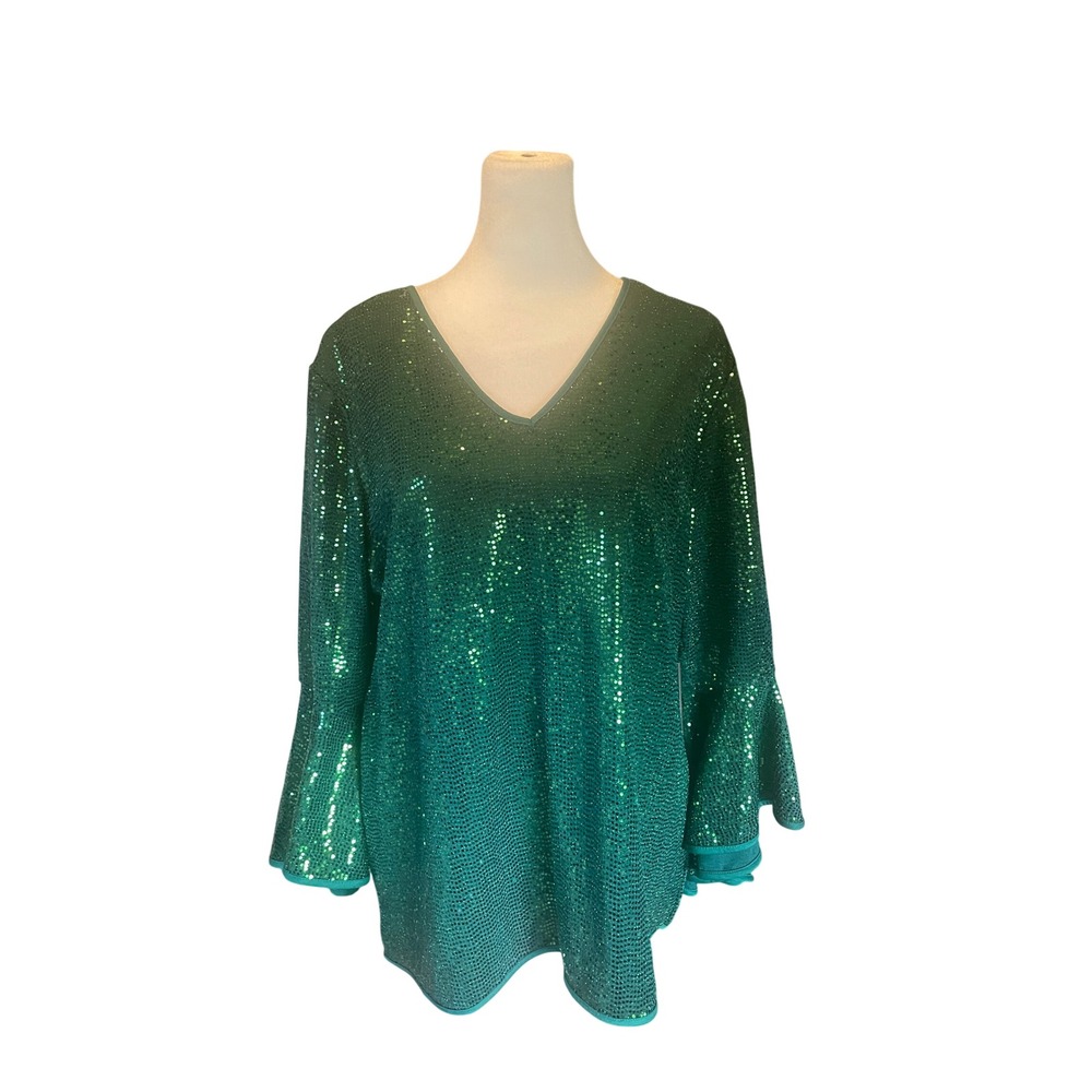Vince Camuto Green Sequin Flutter Bell Sleeve Blouse Glitter Size XL Stretch‎
